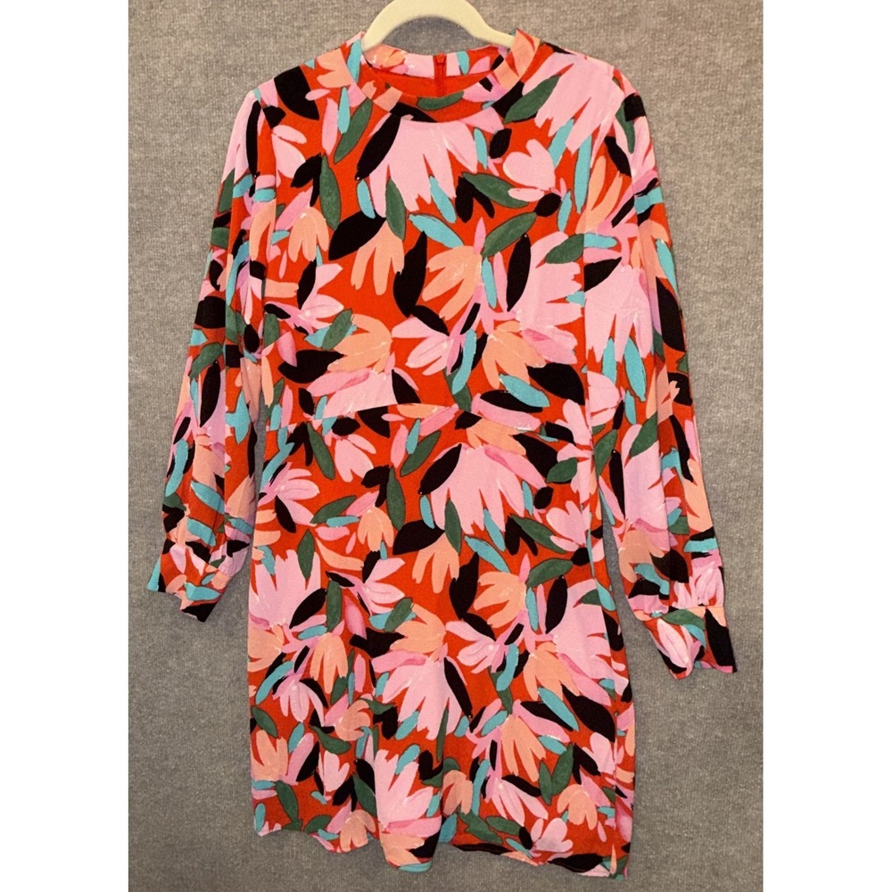 Donna Morgan Womens Pink Floral High Neck Long Sleeve Shift Dress Sz 12 EUC